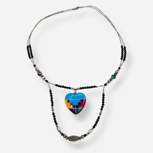 Southwestern Silver Necklace Inlay‎ Heart Pendant Black Onyx Beaded